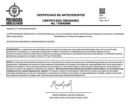 certificado de antecedentes de procuraduria