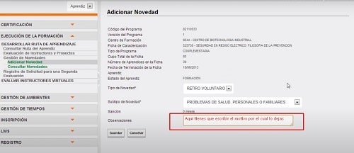 Motivo para cancelar curso sena